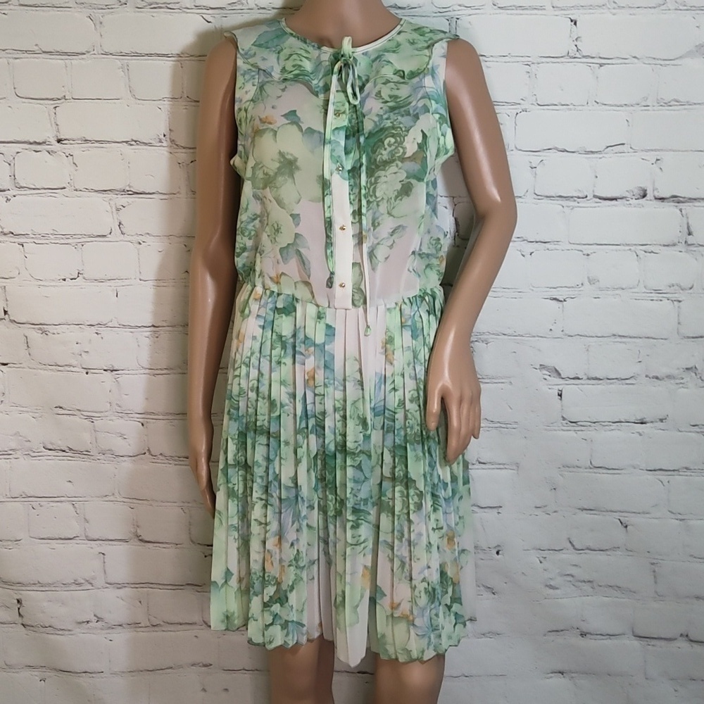 FARM RIO Green Floral Watercolor Pleated Dress S P Vintage